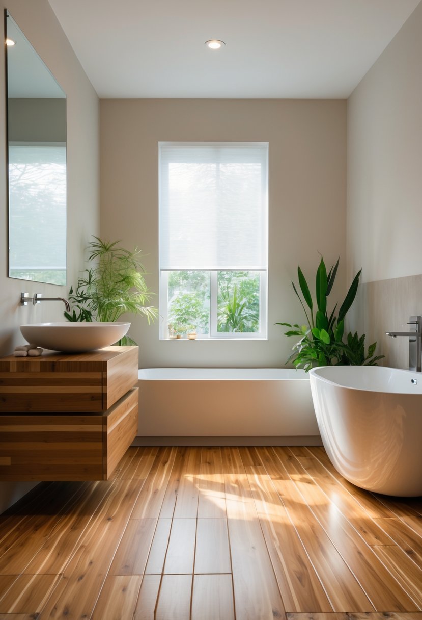 A modern bathroom with bamboo wood flooring, a white bathtub, wooden vanity, and green plants.
