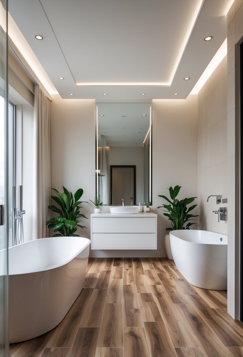 A modern bathroom with wood-look floor tiles, a white bathtub, vanity with mirror, and green plants.