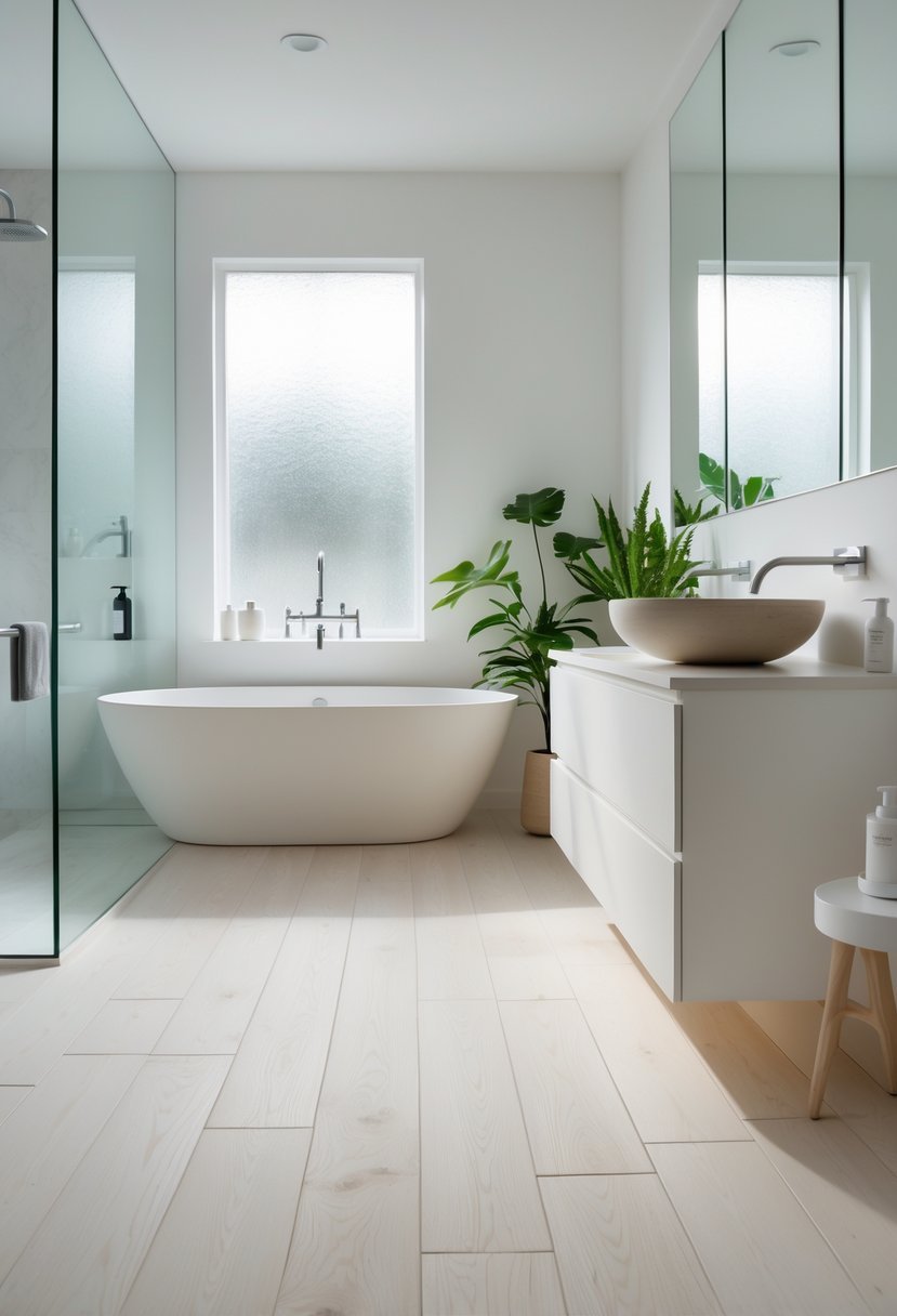 A bright bathroom with a matte white oak wooden floor, a freestanding bathtub, a vanity with a sink, and green plants.