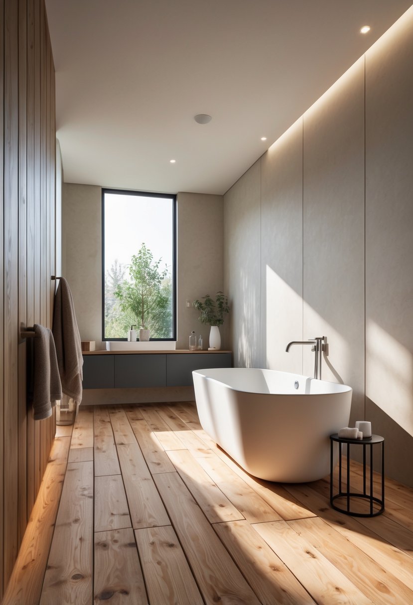A bathroom with wide-plank pine wooden floor, a white freestanding bathtub, and neutral walls.