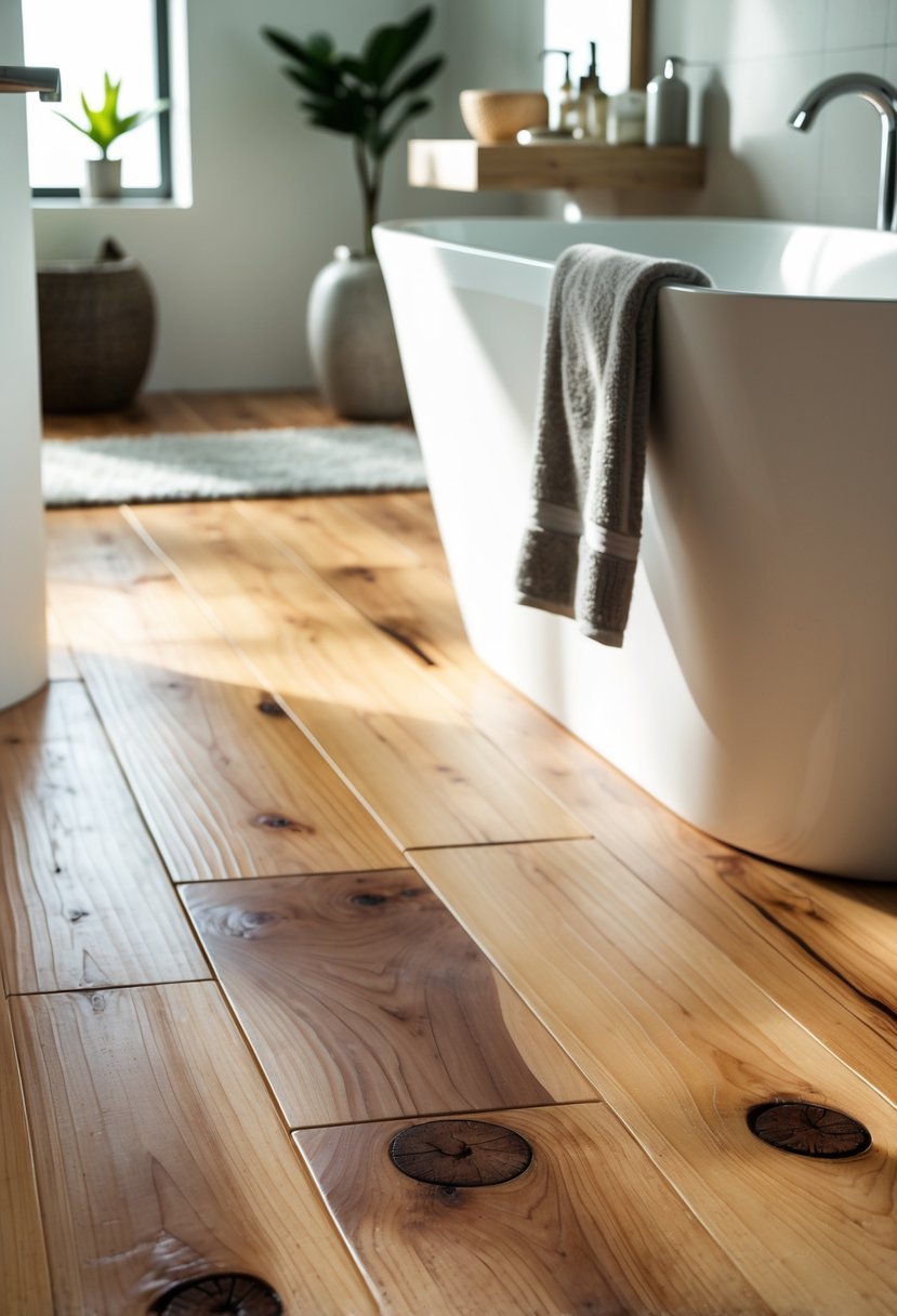 Close-up view of a bathroom floor made of hickory wood with natural knots, showing part of a bathtub and a small plant.