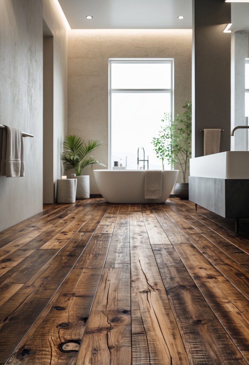 Modern bathroom with distressed walnut wooden floor, white freestanding bathtub, and natural light from a window.