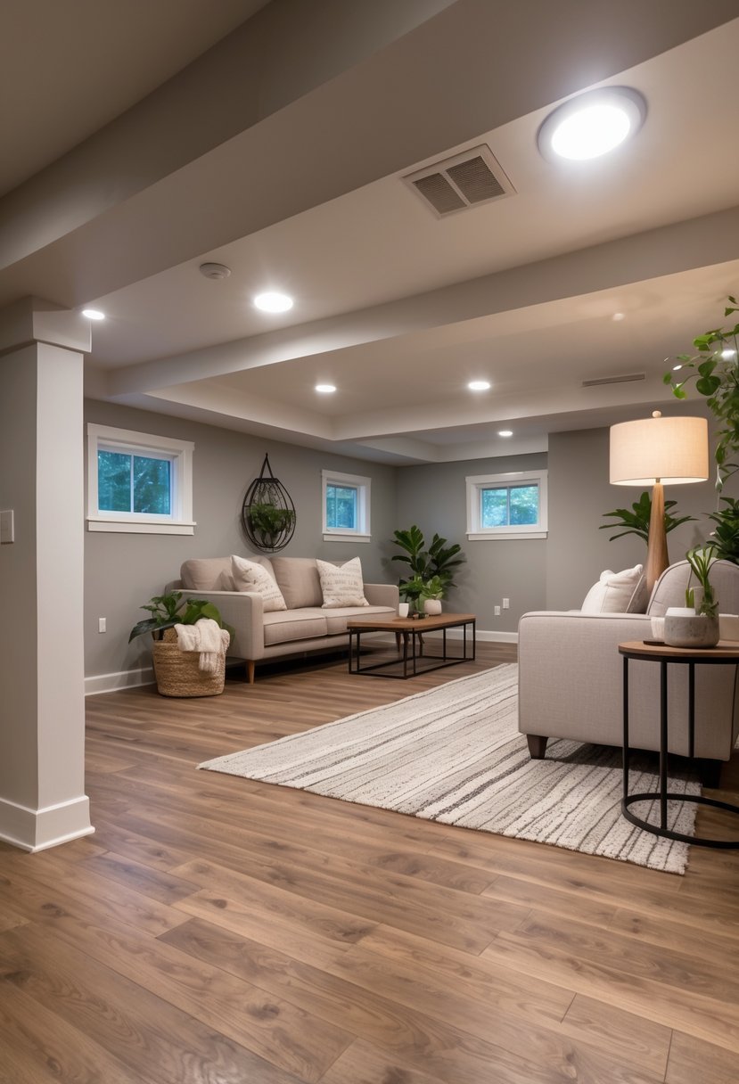 A bright basement room with engineered hardwood flooring, a sofa, coffee table, and plants.