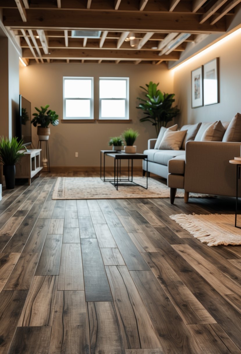A spacious basement room with wood-look flooring, comfortable seating, and natural light from small windows.