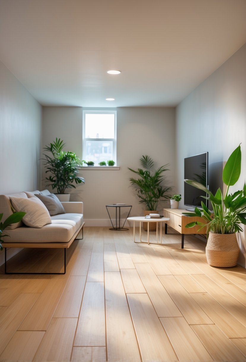 A basement room with natural light, bamboo wooden flooring, a sofa, coffee table, and green plants.
