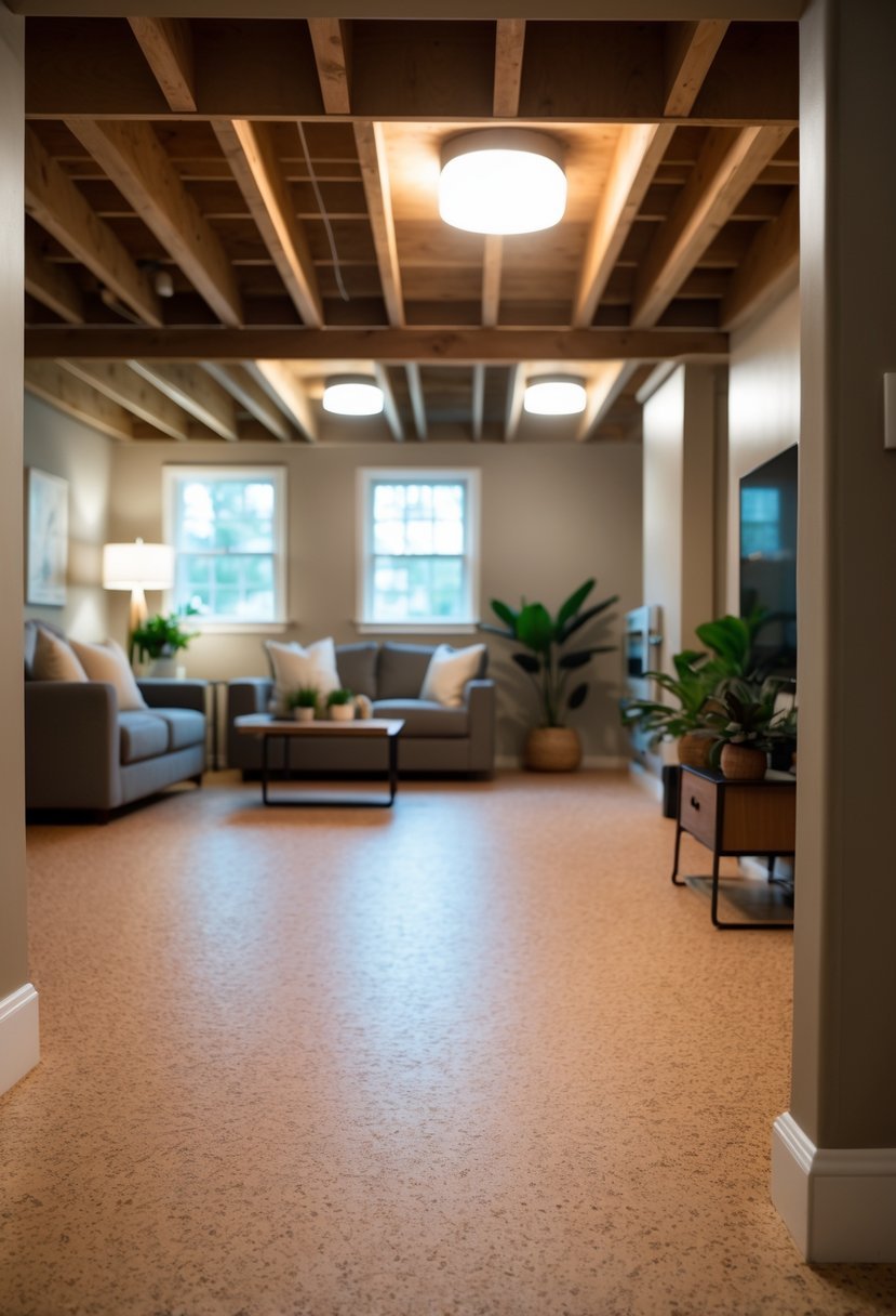 A cozy basement room with light brown cork wooden flooring, comfortable furniture, and natural light from small windows.