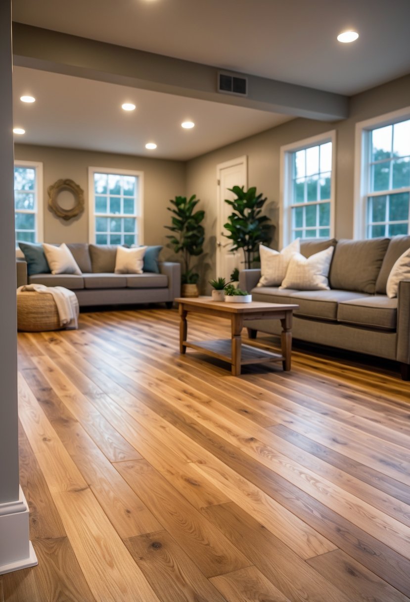 A well-lit basement room with warm oak hardwood flooring, a sofa, coffee table, and decorative plants.