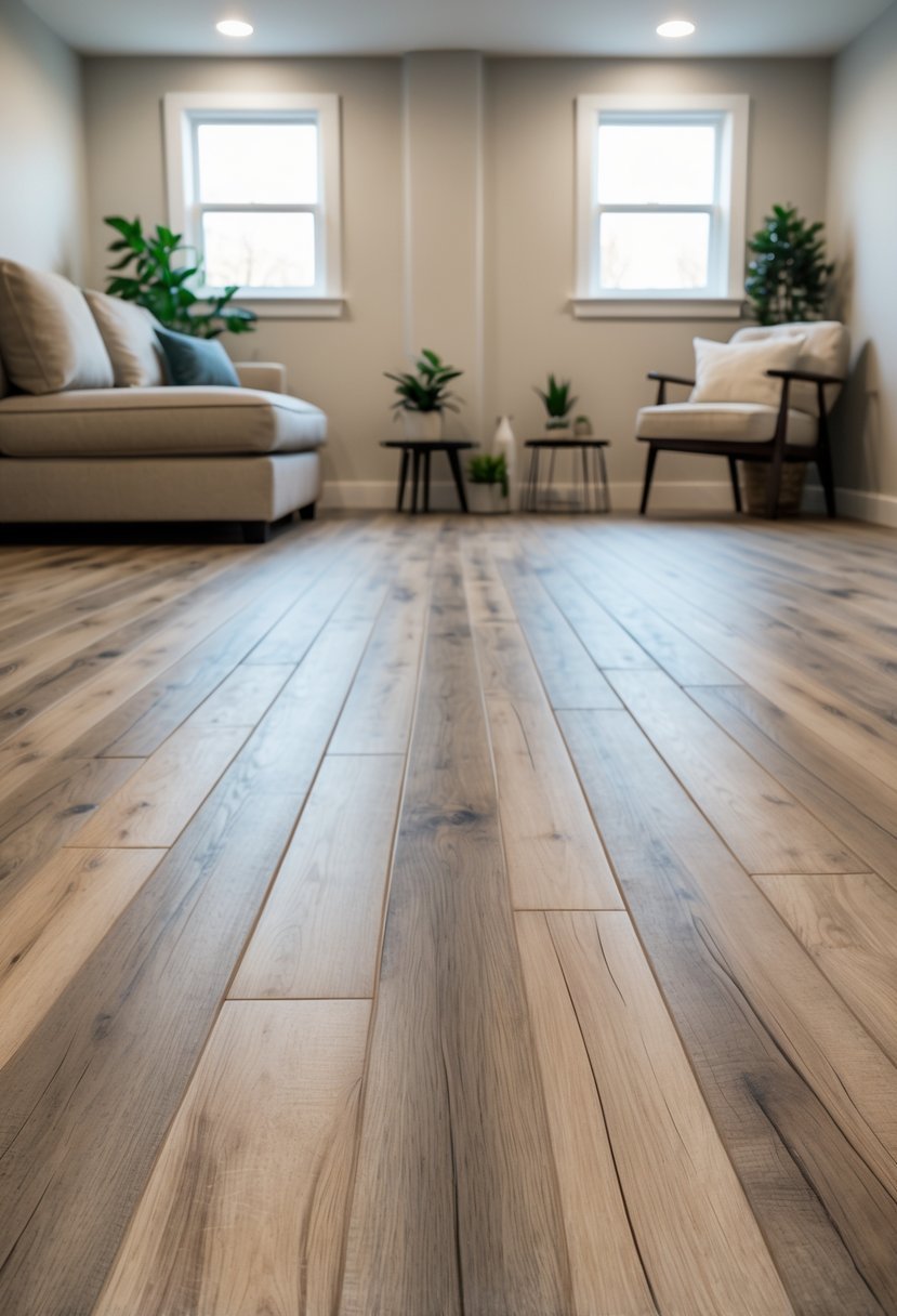 A basement room with laminate wood flooring, a sofa, coffee table, and plants, illuminated by natural light from small windows.