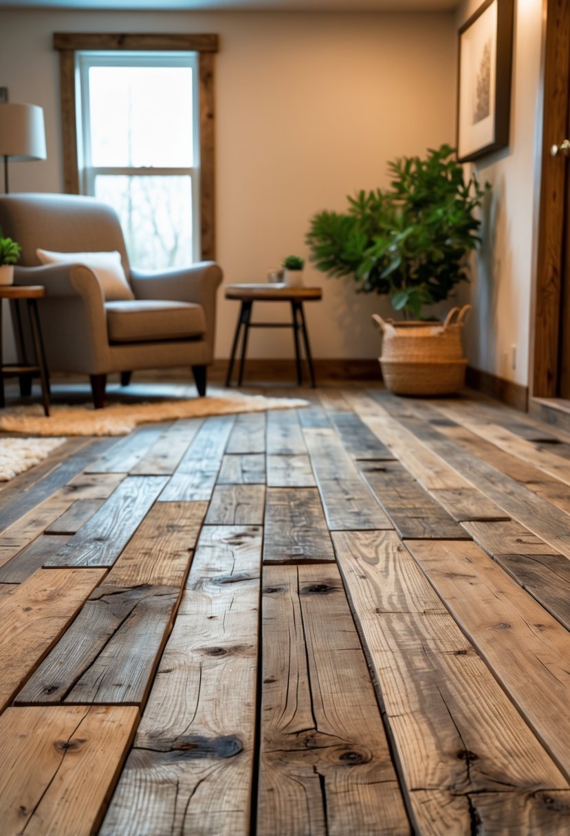 A basement room with a wooden floor made of reclaimed wood planks, featuring furniture and natural lighting.