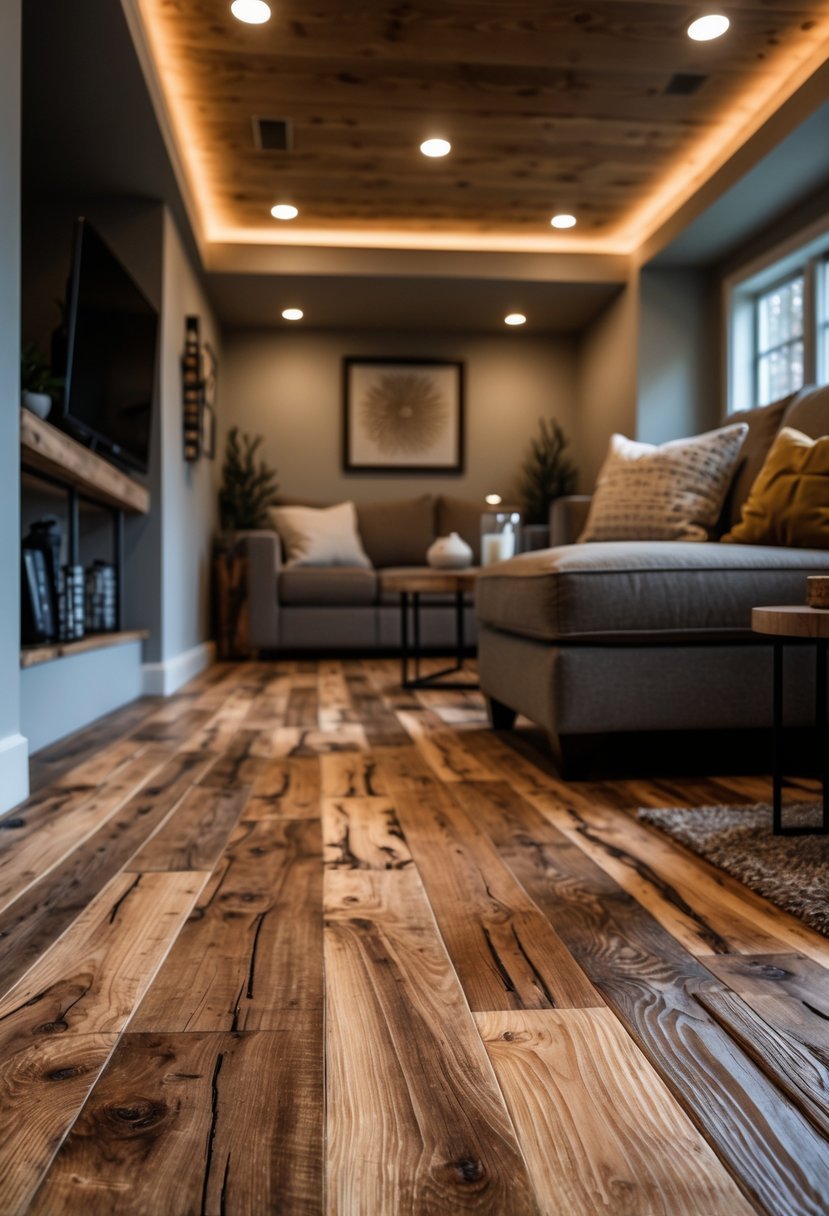 A basement room with textured hand-scraped hardwood flooring, a sofa, coffee table, and neutral-colored walls.