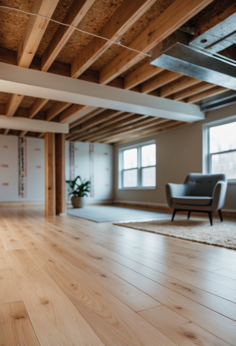 A basement room with floating wooden floors installed over moisture barriers, featuring natural light and minimal furniture.