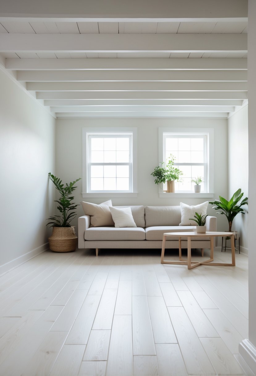 Bright basement interior with whitewashed wooden floor, sofa, coffee table, and plants.