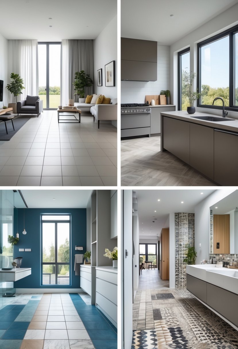 Interior view of multiple connected rooms in a house showing different types of floor tiles in each space.