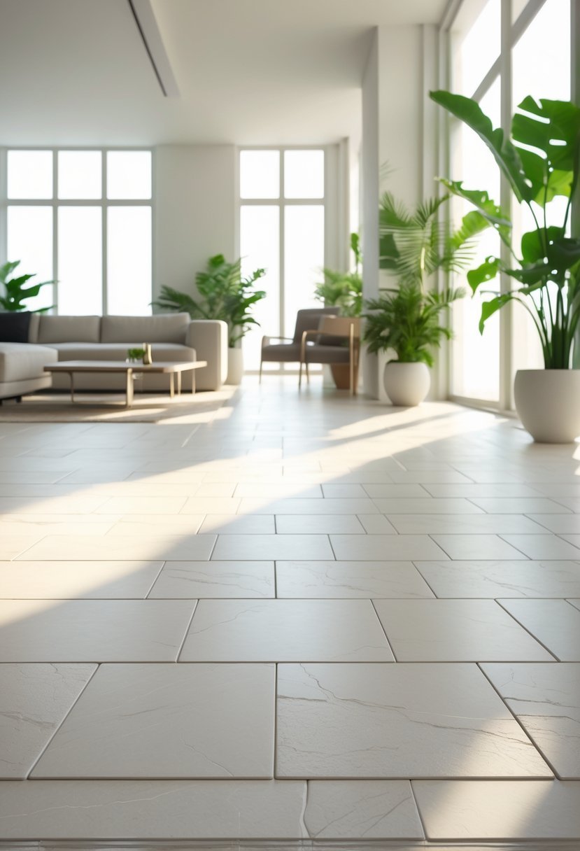 A bright living room with large light-colored porcelain tile flooring, minimal furniture, and natural sunlight coming through windows.