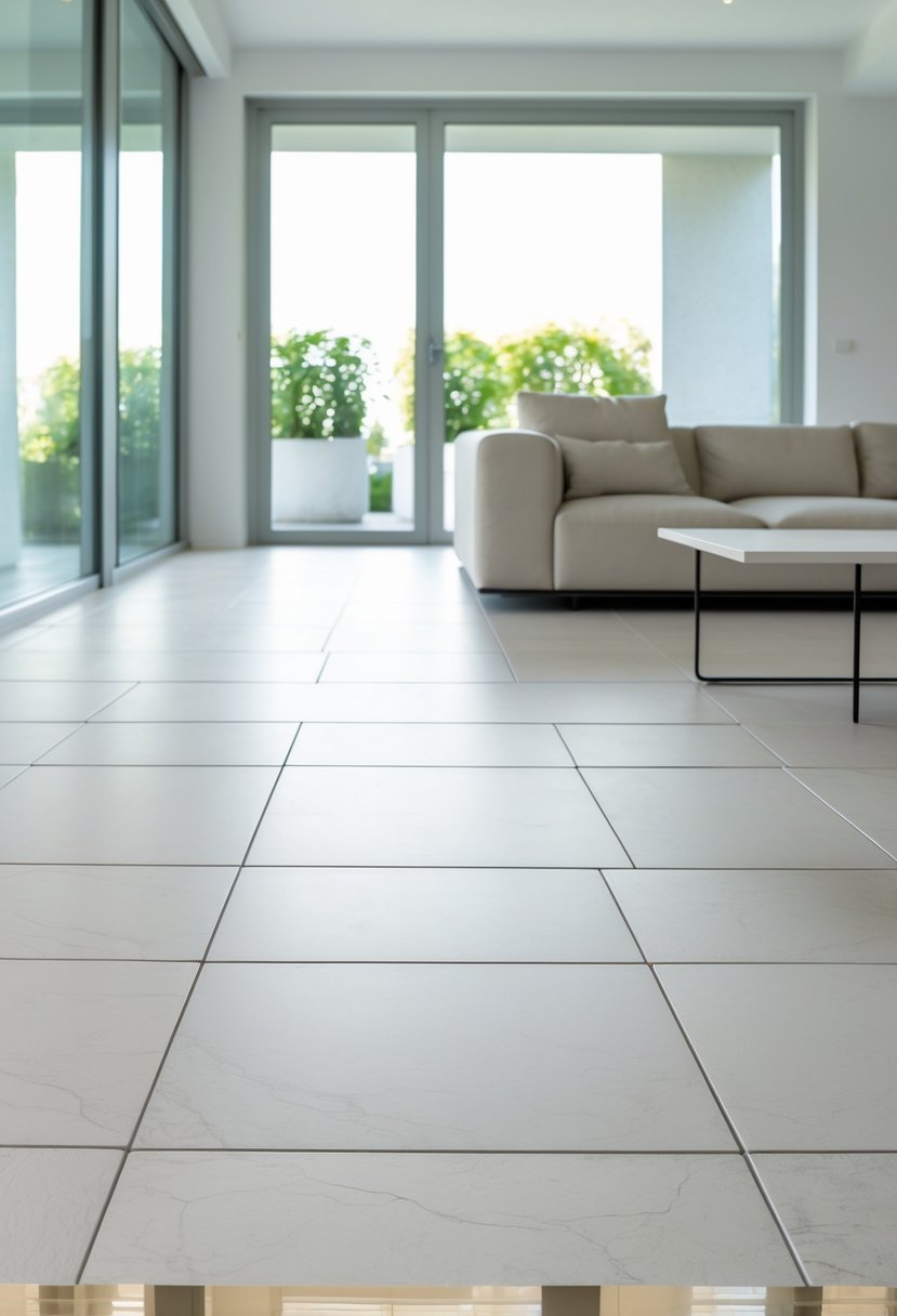 A bright living room with large seamless floor tiles and modern furniture.