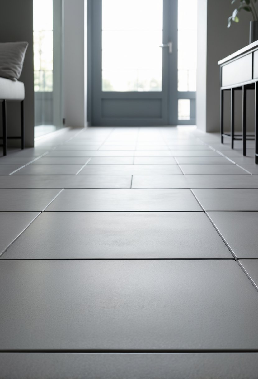 A spacious room with matte finish floor tiles arranged in a neat pattern, illuminated by natural light.