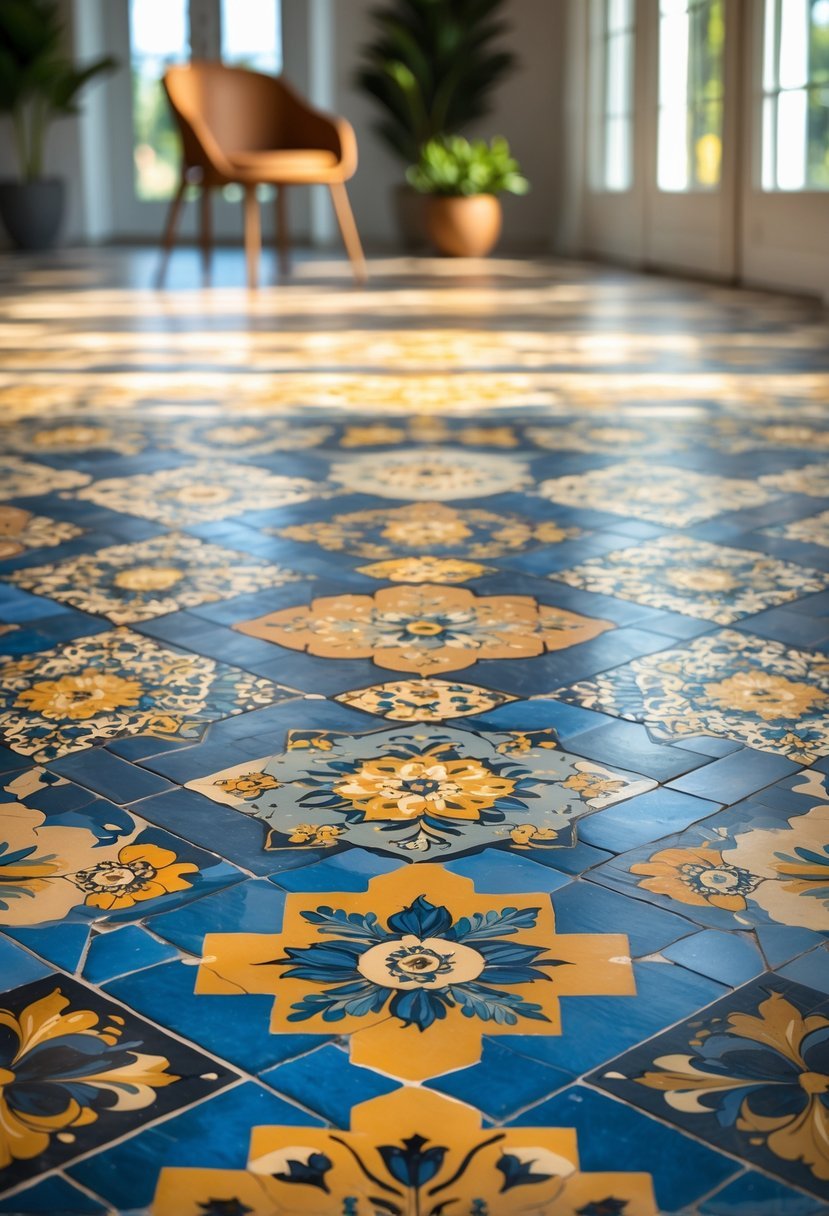 A spacious room with sunlight illuminating a floor covered in colorful patterned tiles featuring geometric and floral designs.