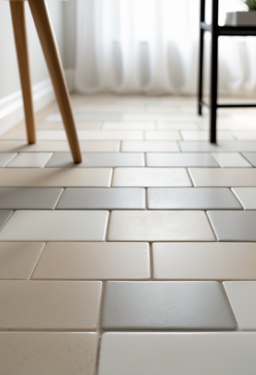 Close-up view of a floor covered with neutral-toned subway tiles arranged in a clean pattern under natural light.