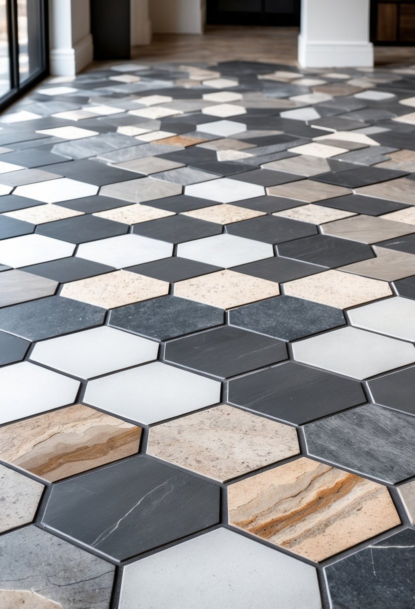 A spacious room floor covered with hexagonal tiles arranged in unique geometric patterns in various neutral colors.