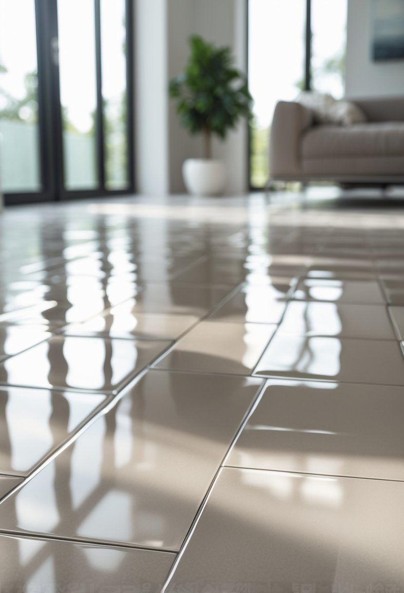 A bright, modern room with glossy glazed floor tiles reflecting natural light, showing a clean and water-resistant tiled floor.