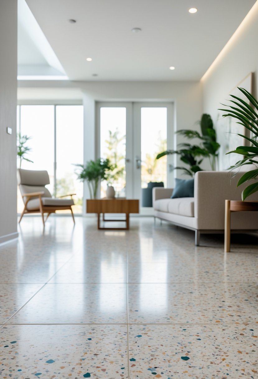 A bright living room with terrazzo tile flooring featuring multicolored speckles and modern furniture.