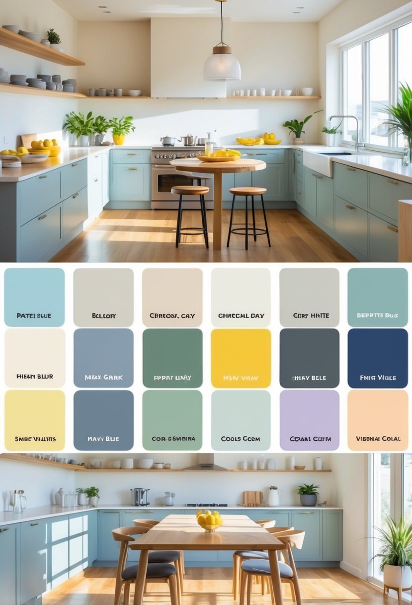 A modern kitchen featuring ten different paint colors on walls and accents, with natural light, cabinetry, appliances, and furniture arranged harmoniously.