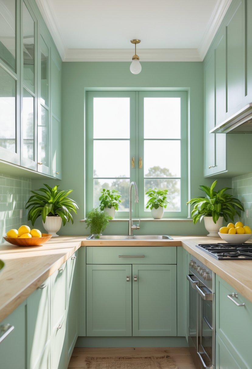 A modern kitchen with soft sage green walls, white cabinets, wooden countertops, plants on the windowsill, and natural light coming through large windows.