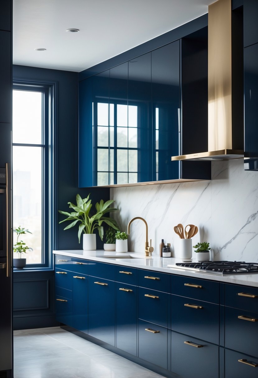 A modern kitchen with deep navy blue walls and cabinets, stainless steel appliances, white countertops, and natural light coming through large windows.