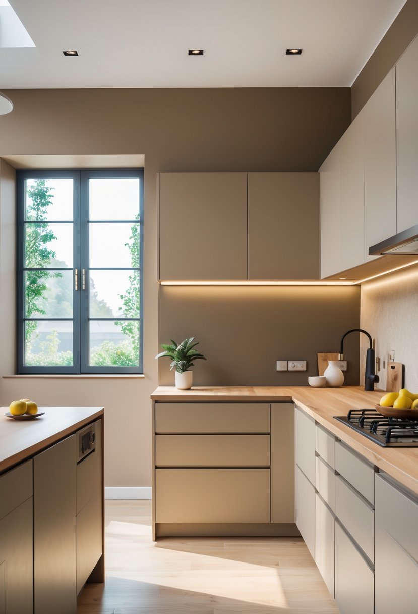 A modern kitchen with warm taupe walls, light wooden countertops, stainless steel appliances, and natural light coming through large windows.