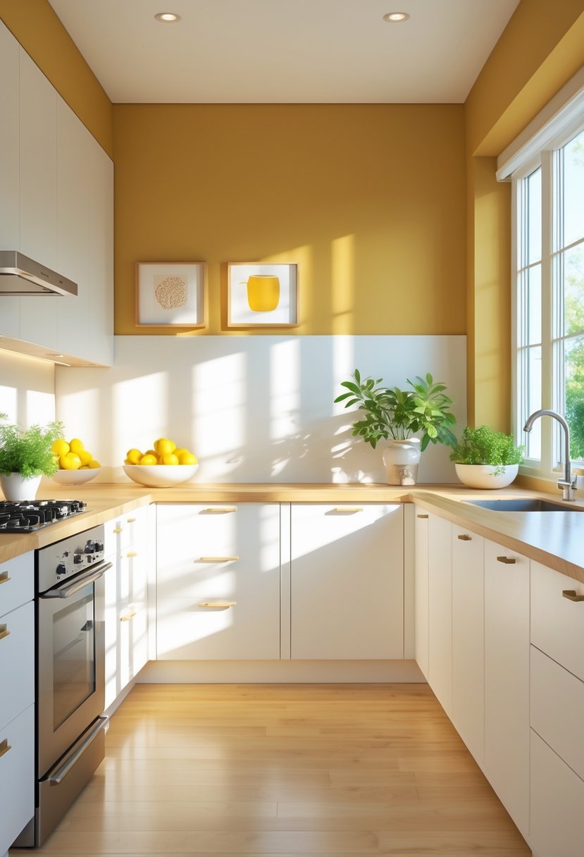 A modern kitchen with muted mustard yellow walls, white cabinets, natural wood accents, and sunlight coming through large windows.