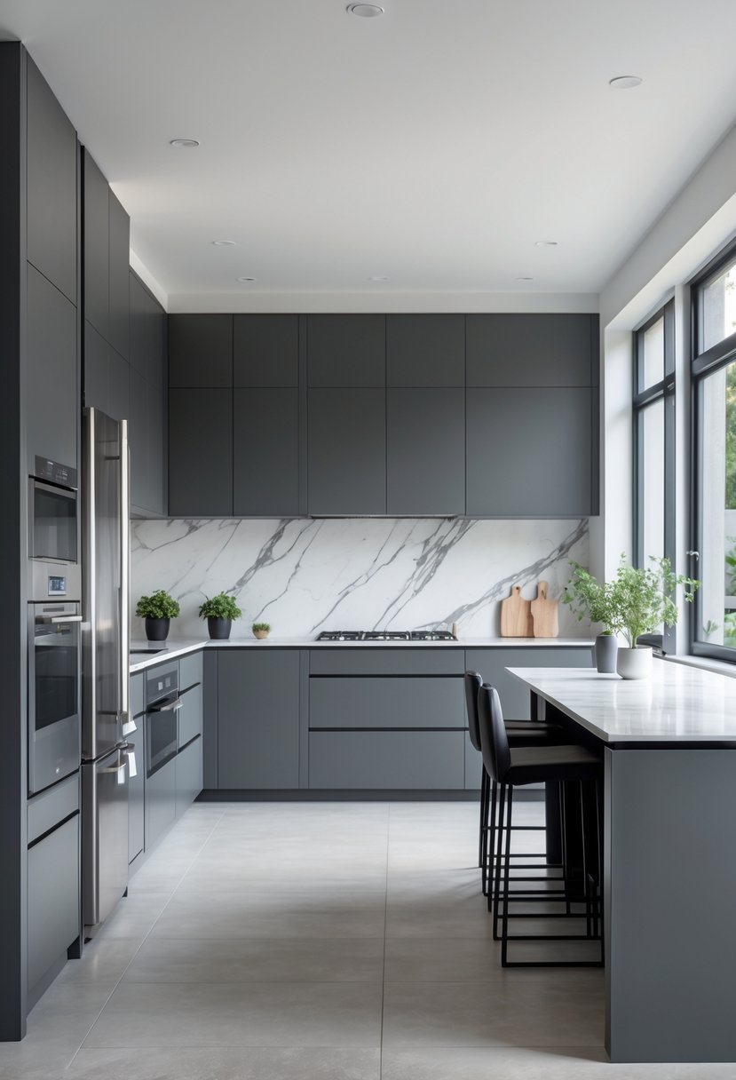 A modern kitchen with charcoal gray cabinets, stainless steel appliances, a white marble countertop, and natural light coming through large windows.