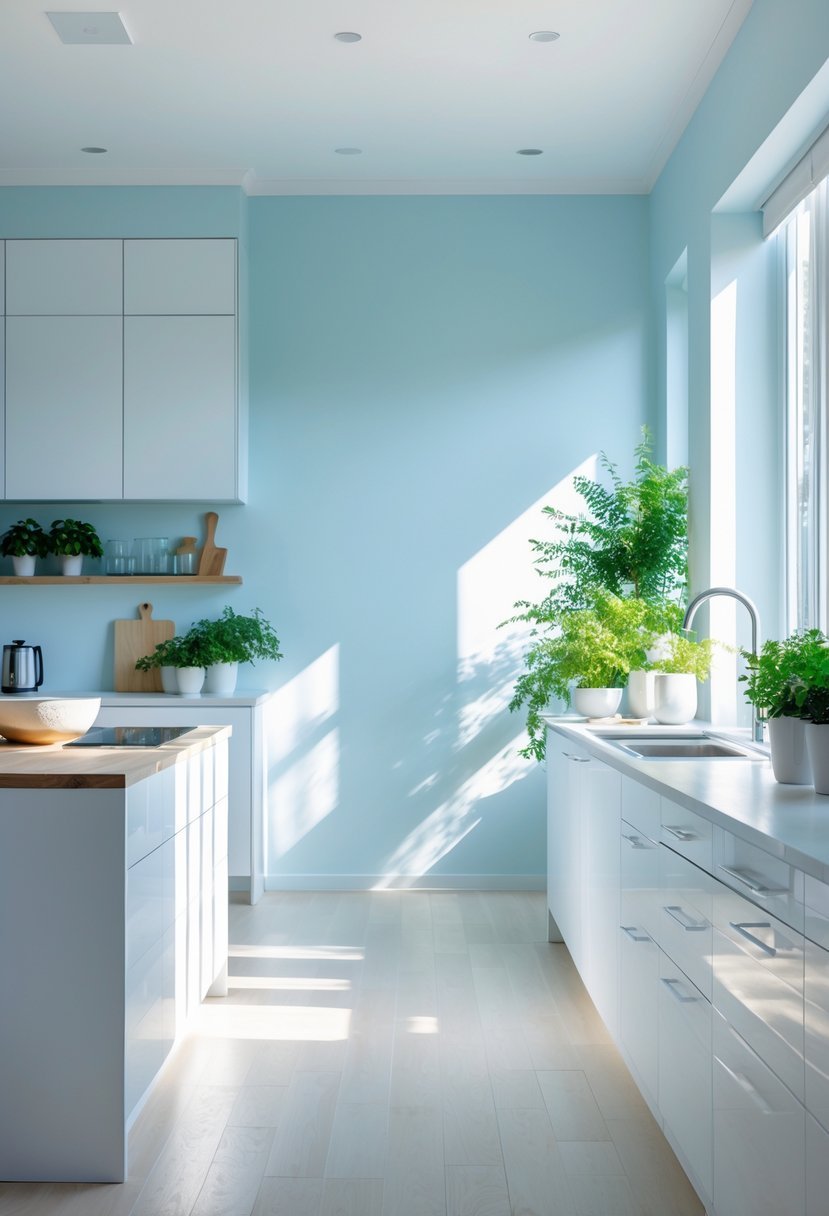A bright kitchen with pale sky blue walls, white cabinets, wooden countertops, stainless steel appliances, and green plants by the window.