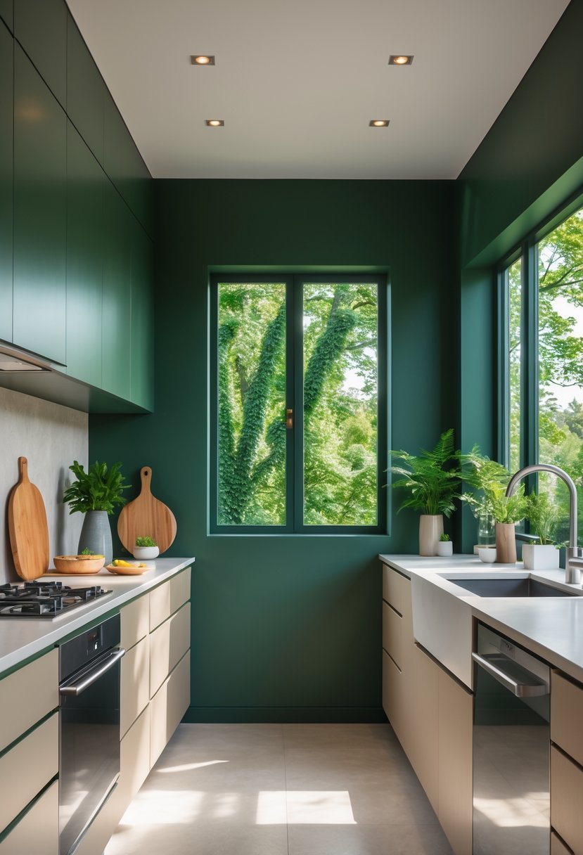 A modern kitchen with rich forest green walls, natural light, wooden accents, and plants visible through large windows.