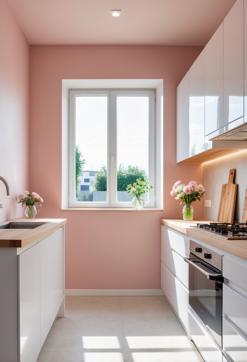 A bright modern kitchen with blush pink walls, white cabinets, wooden countertops, and stainless steel appliances.