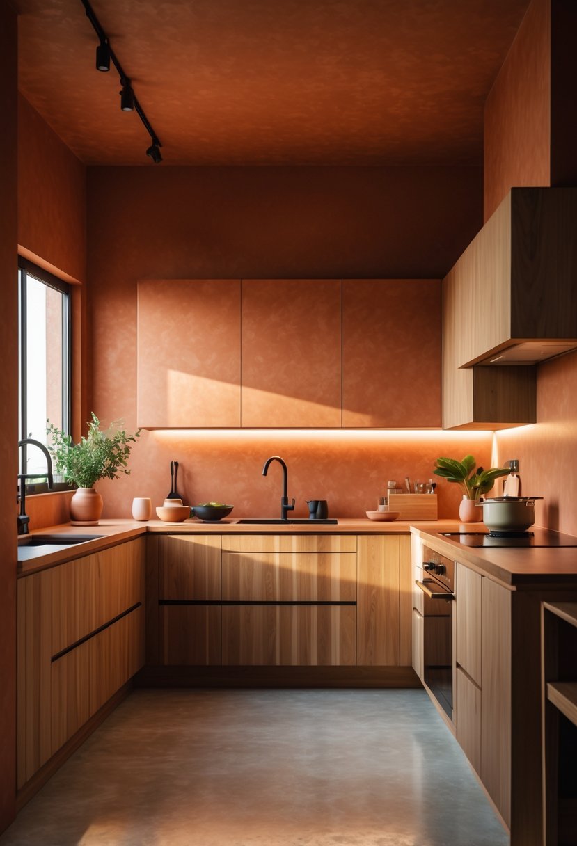 A modern kitchen with terracotta-colored walls, wooden cabinets, countertops, and green plants.