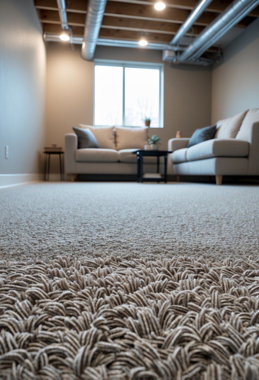 A basement room with a low-pile nylon carpet, sofa, coffee table, and a small window letting in natural light.
