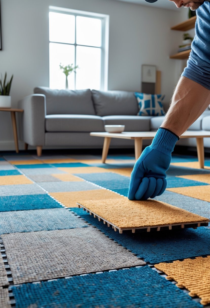 Basement room with colorful carpet tiles on the floor, one tile being replaced by a hand, with furniture in the background.