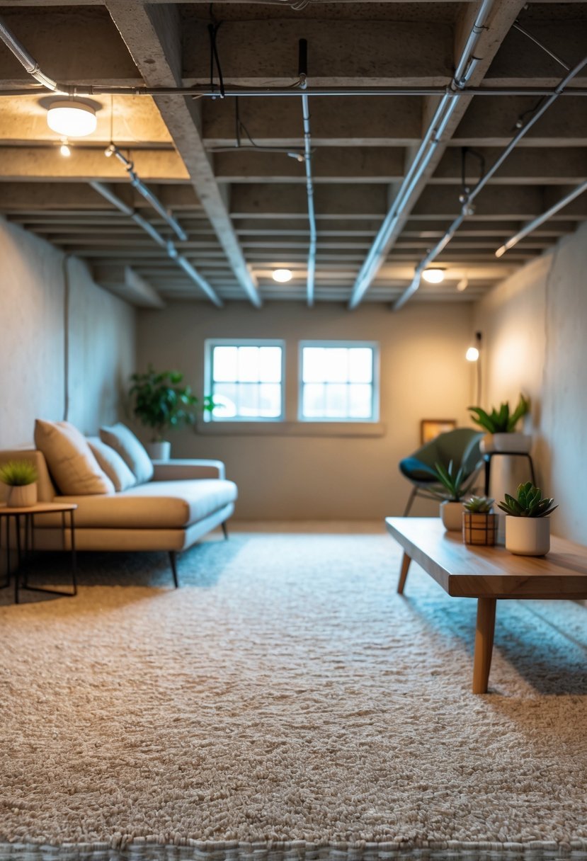 A basement interior with a thick wool carpet covering the floor, a sofa, coffee table, and plants in a well-lit and cozy space.
