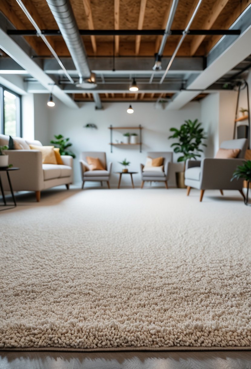 A clean basement room with a light-colored carpet, comfortable seating, and natural light.