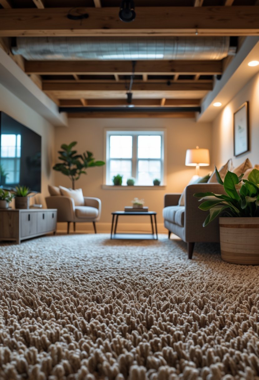 A cozy basement room with a soft cut-pile carpet, comfortable seating, and warm lighting.
