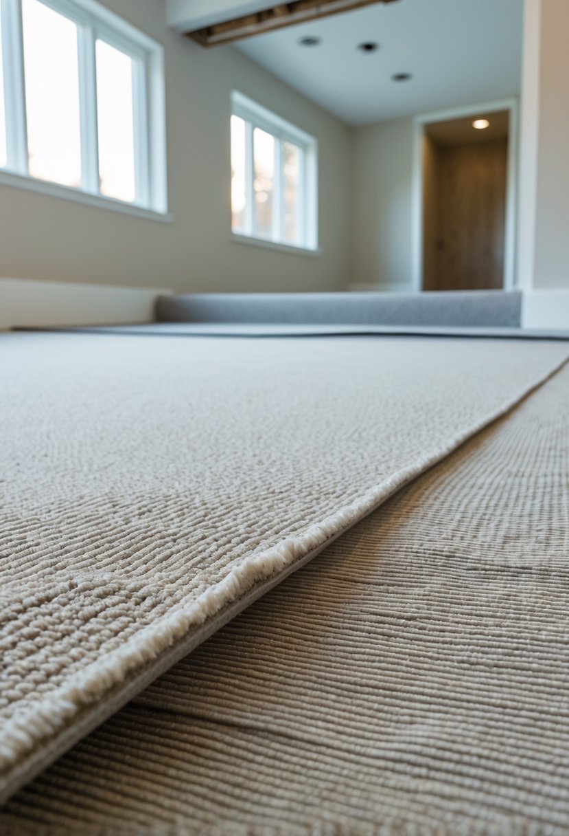 Basement interior with a visible moisture barrier underlay and partially installed carpet.