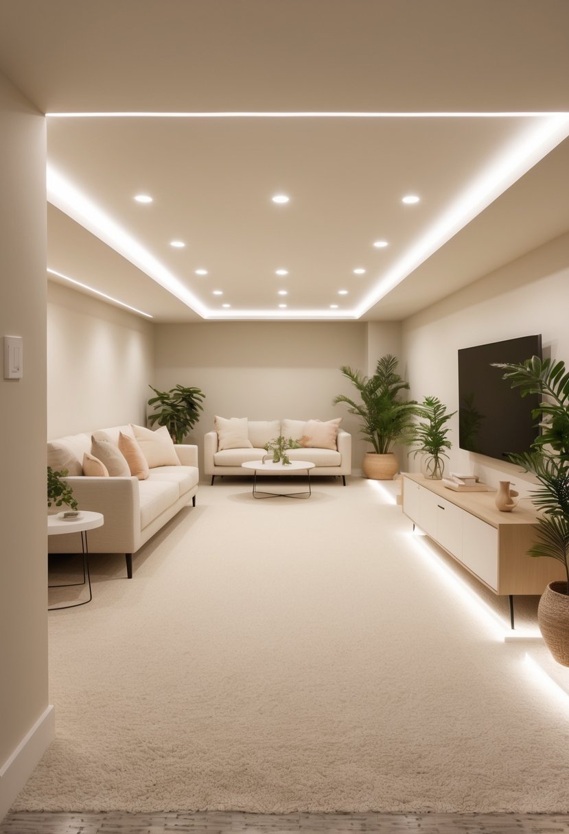 A bright basement room with light-colored walls, a light carpeted floor, a sofa, coffee table, and plants.