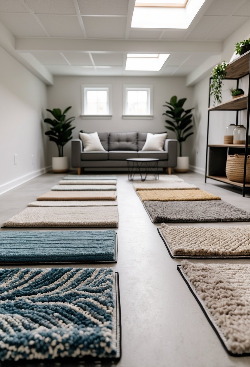 A clean basement room with various carpet samples displayed on the floor, surrounded by modern furniture and plants.