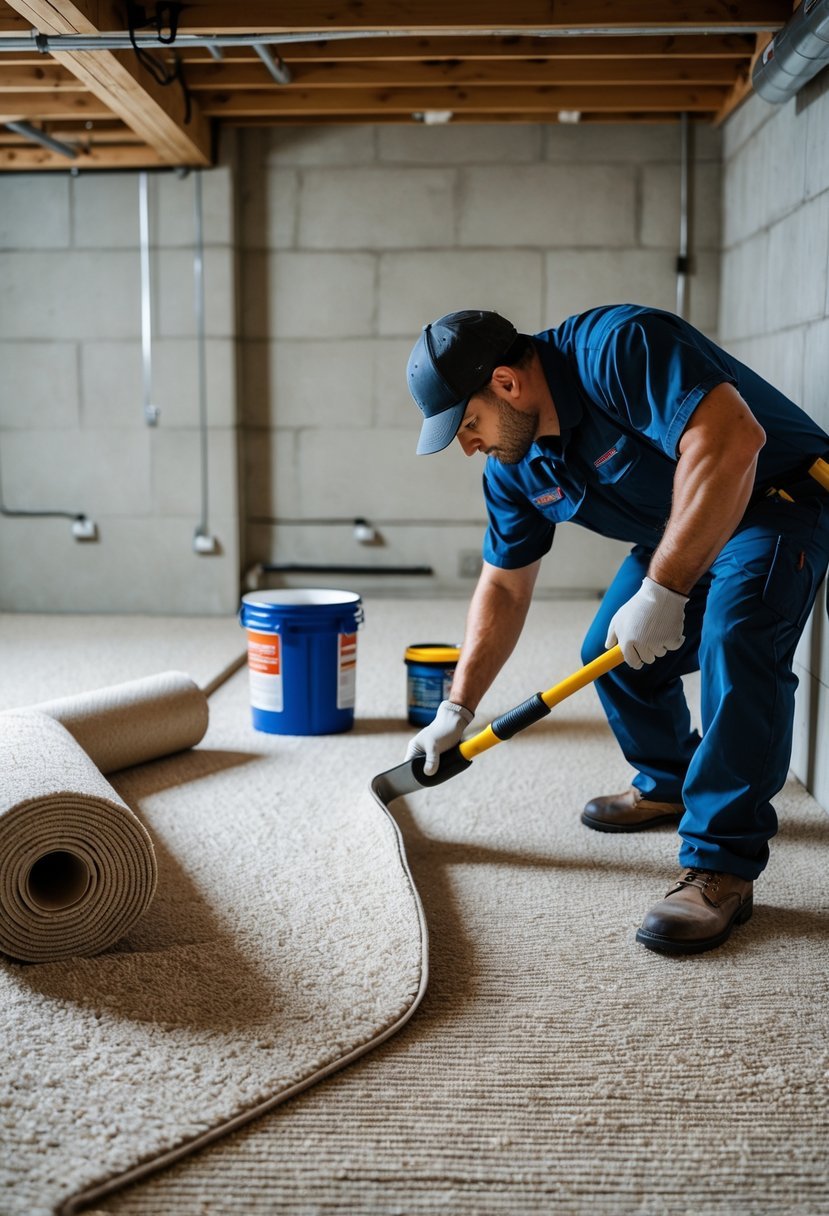 A worker installing carpet in a basement using adhesive, surrounded by tools and carpet rolls.