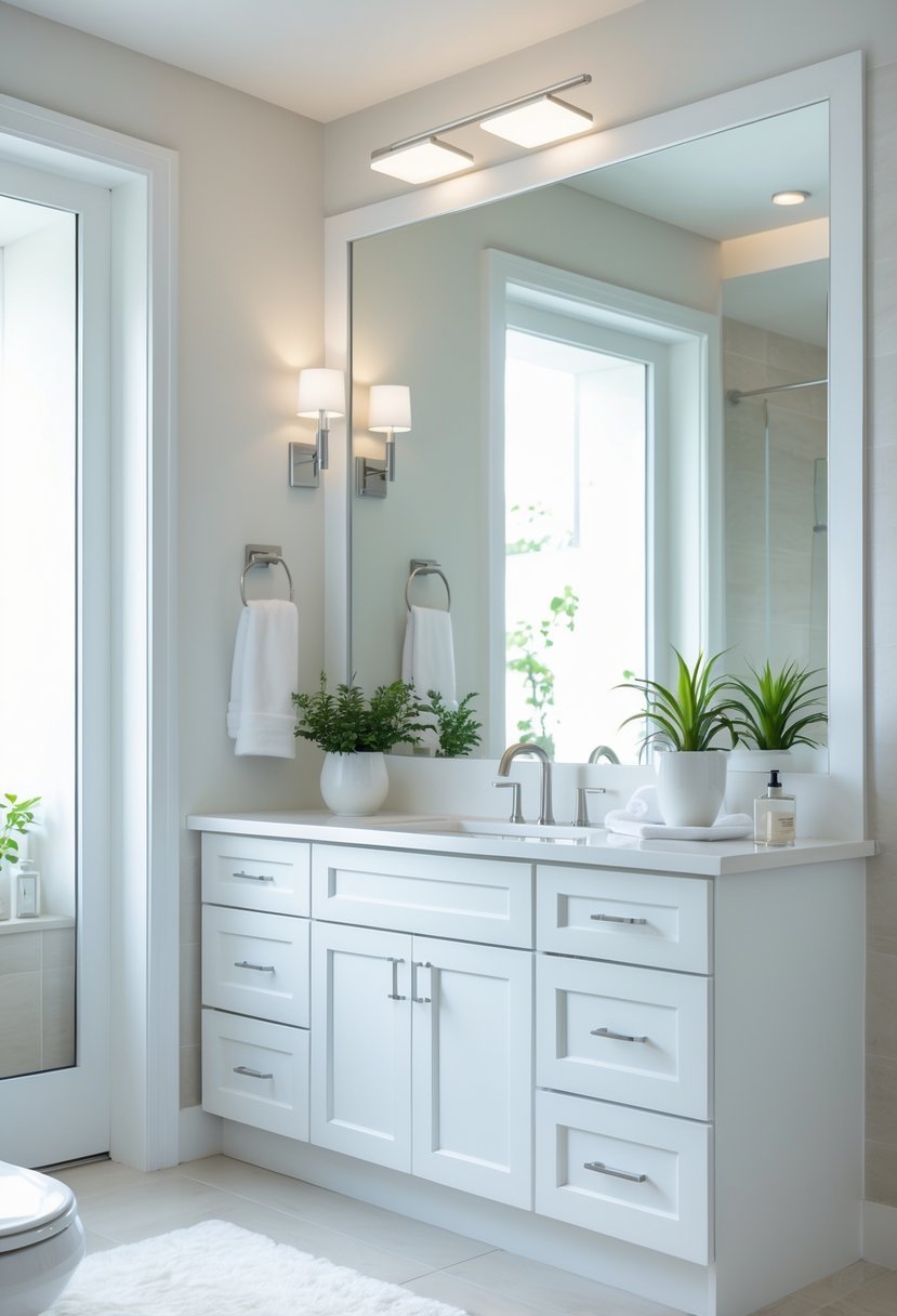 A bright bathroom with white painted cabinets, a large mirror, and modern fixtures.