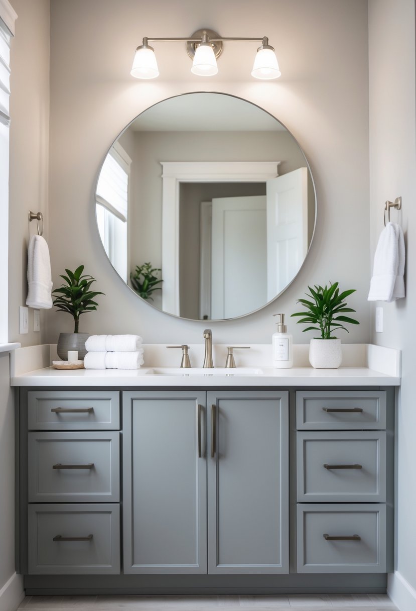 A bathroom with a soft gray painted cabinet, white countertop, round mirror, and decorative elements like a potted plant and folded towels.