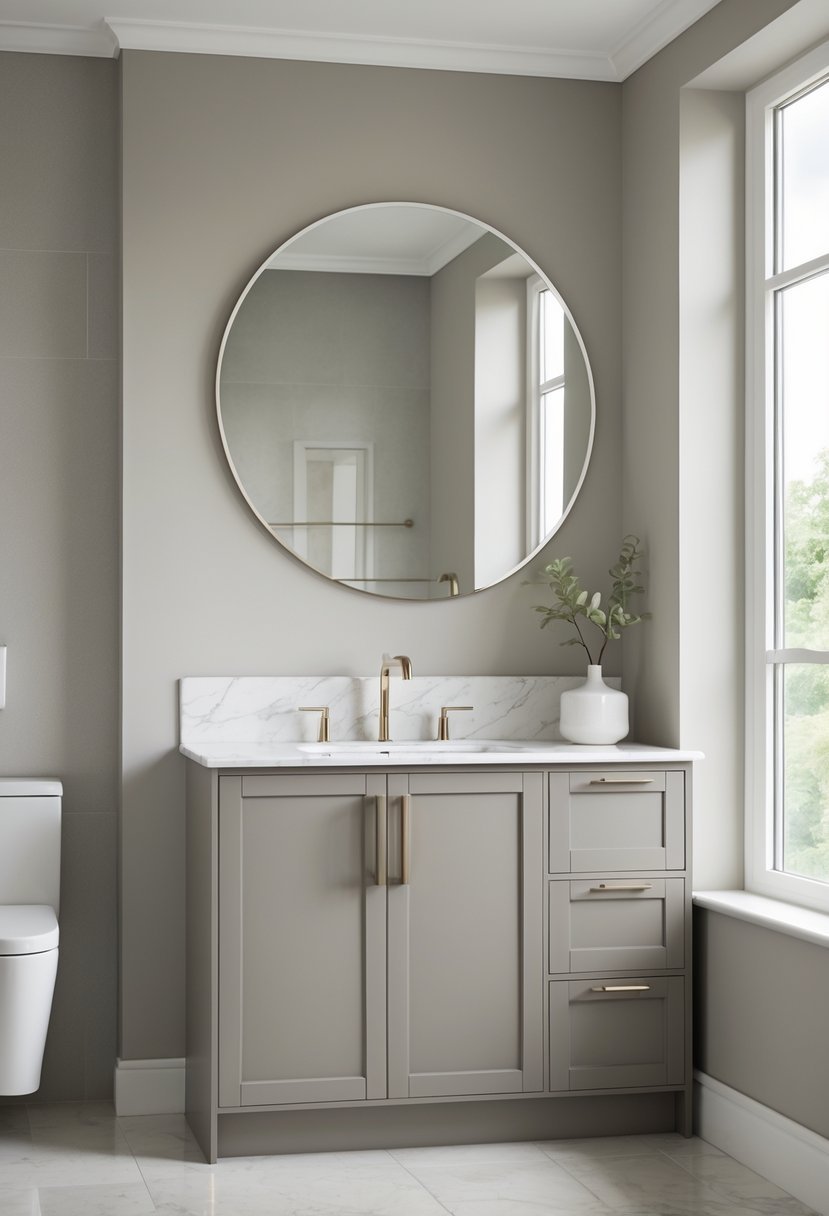 A bathroom with a greige painted cabinet, white marble countertop, round mirror, and a small plant on the counter.