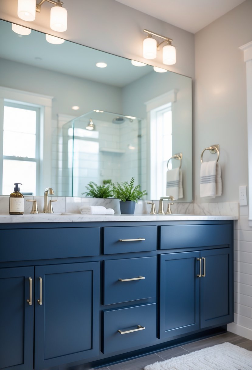 A modern bathroom with navy blue cabinets under a white marble countertop, a large mirror, and white tiled walls.