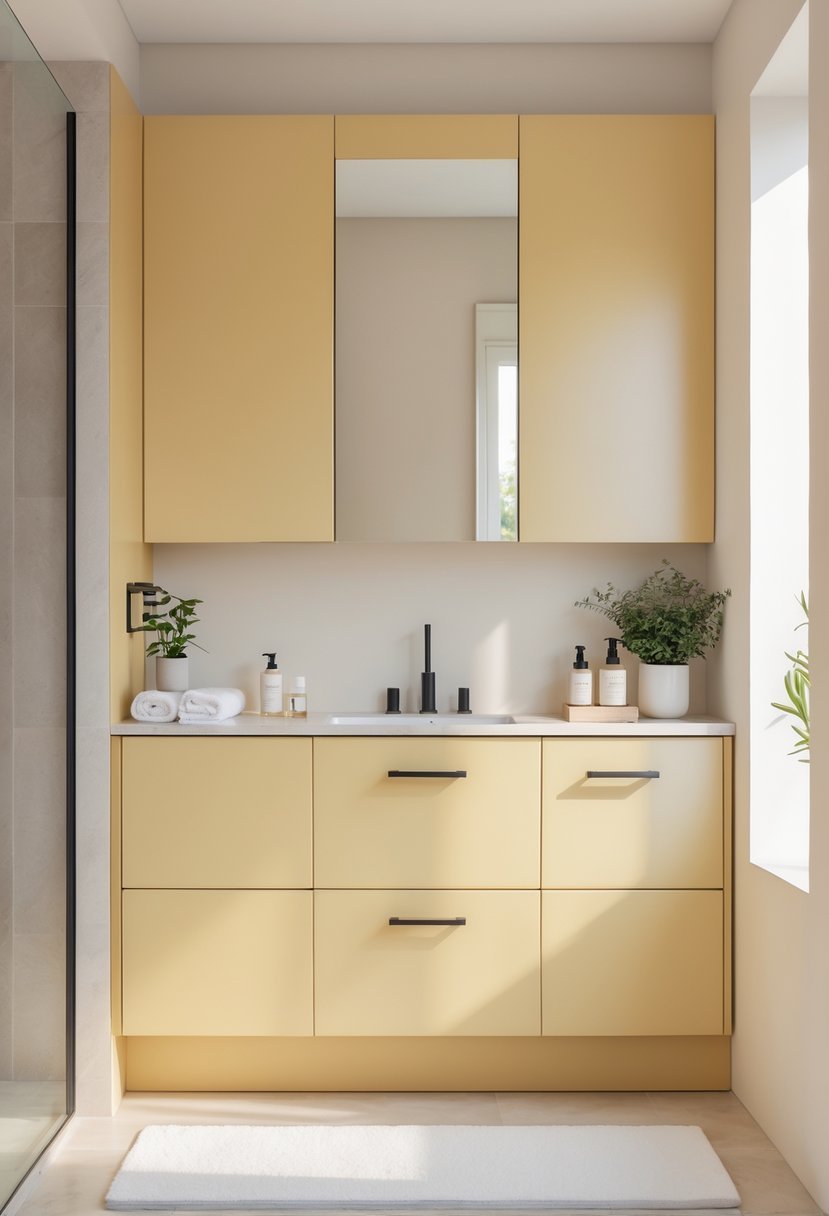 A bathroom with a butter yellow painted cabinet, neutral walls, and a countertop with toiletries and a small plant.