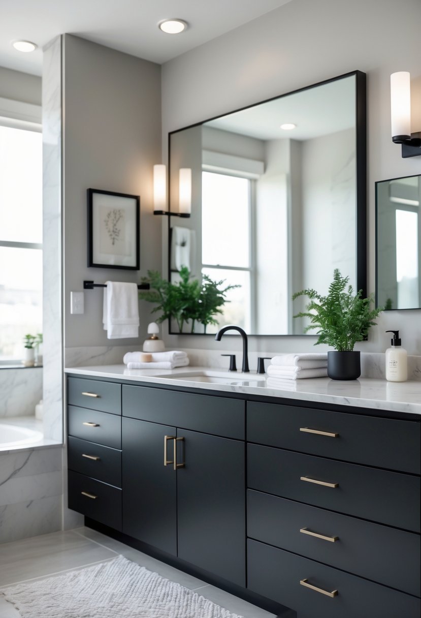 A modern bathroom with matte black cabinets, a white countertop, a mirror, and decorative accessories.